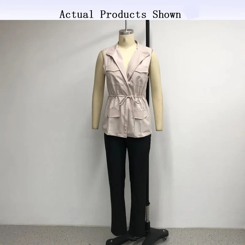 Znbbw Women Office Matching Set Simple Lapel Solid Drawstring Lace Up Nipped Waist Vest Top Pants Sets Streetwear For Female - Image 3