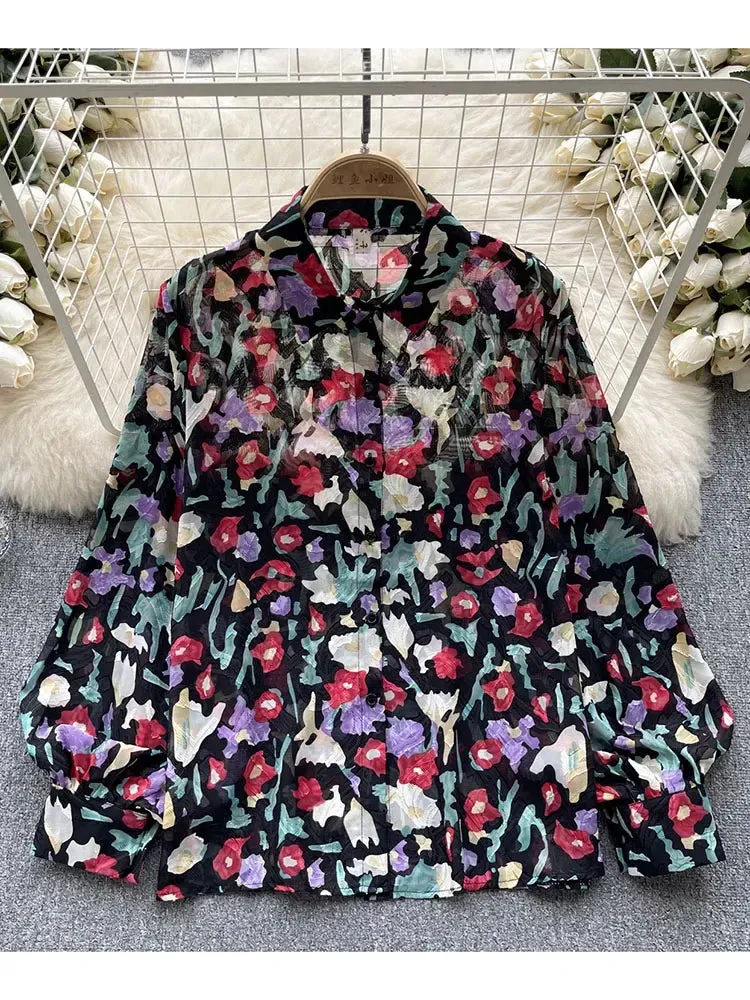 Znbbw Women Spring Shirt Korean Version Temperament High-end Floral Shirt with Bubble Sleeve Design Niche and Unique Top D5053 - Image 4