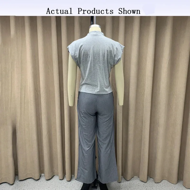 Znbbw 2 Piece Set Autumn Women Office Solid V Neck Sleeveless Vest Top Casual Loose Wide Legs With Pockets Pants Set Streetwear - Image 6