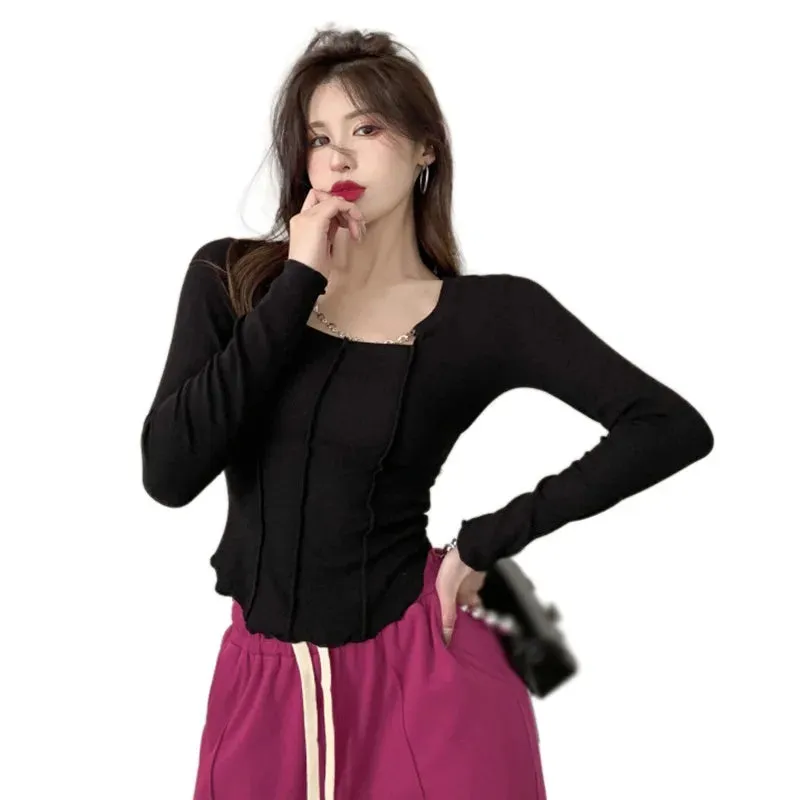 Znbbw Women Solid Color T Shirt Korean Style Solid Color Square Collar for Leisure T Shirt - Image 5