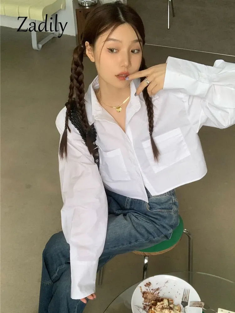 znbbw 2023 Spring Minimalist Long Sleeve Women White Shirt Y2K Shoulder Pad Button Loose Woman Crop Top Blouse Female Clothing - Image 5