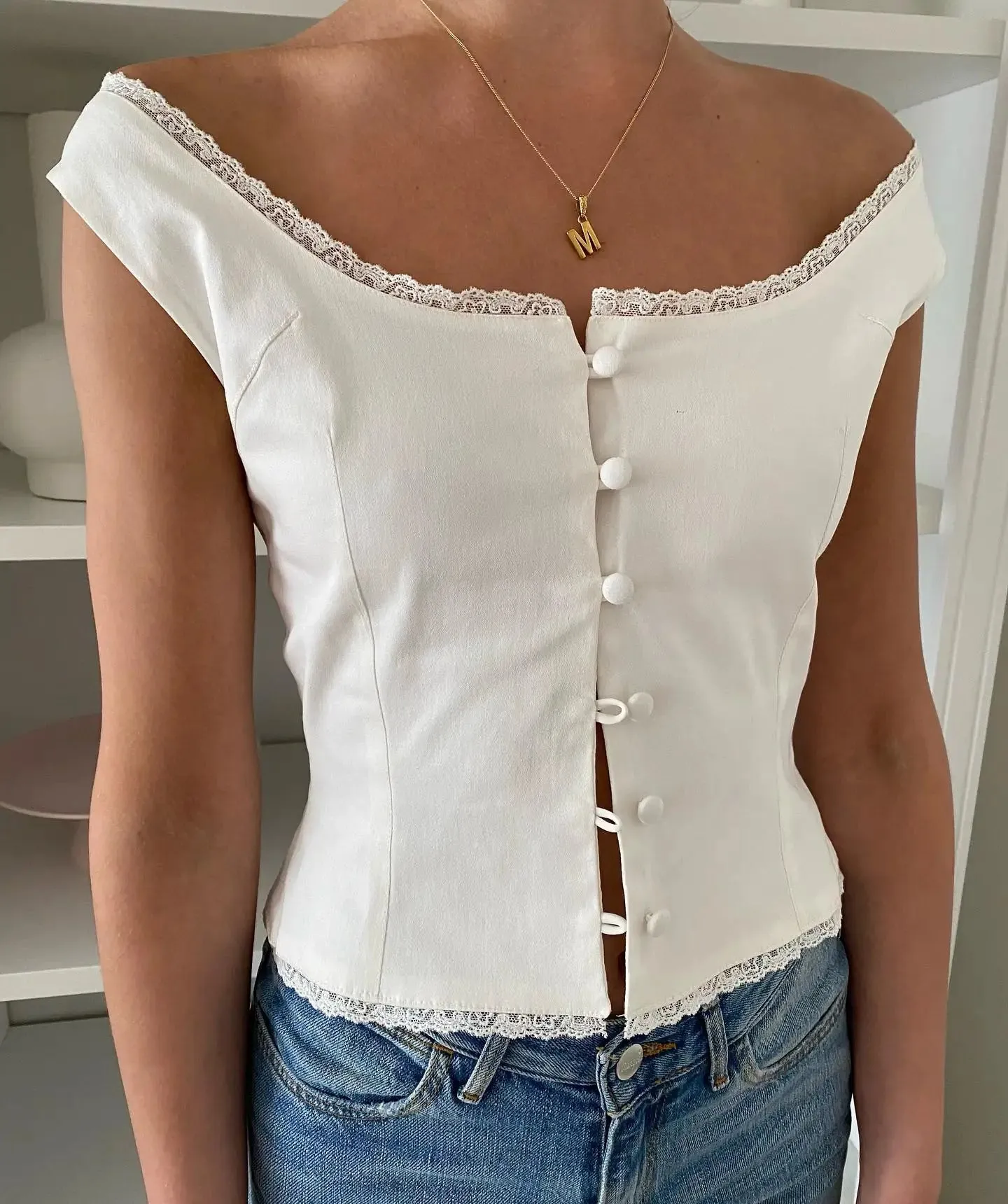 Znbbw Women Kawaii White Lace Frill Button Off Shoulder Crop Tops Korean Female Fairy Grunge 2000s Aesthetic Clothes Streetwear - Image 2