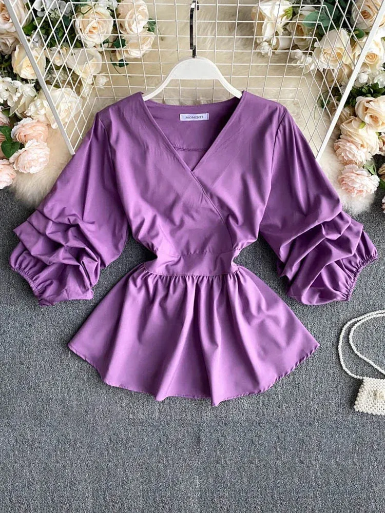 Znbbw Women's Spring Summer Shirt Top New Fashion Shirt V-neck Three Quarter Bow Lacing Waist Pleated Top Shirt Blouse ML831 - Image 3