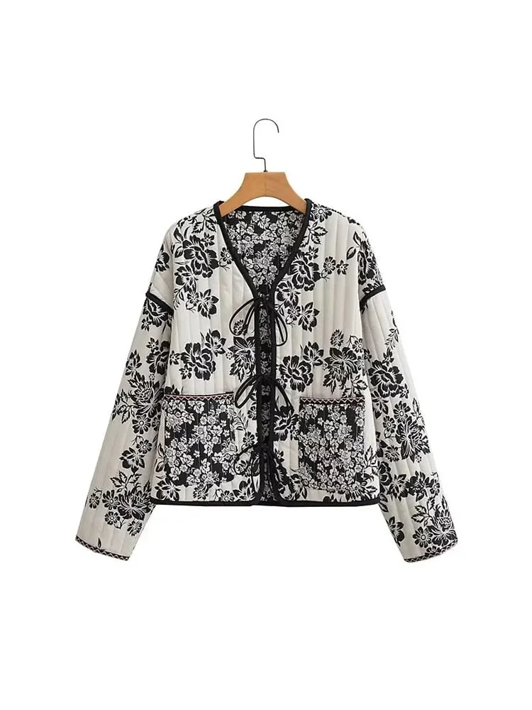 Znbbw 2023 Women Fashion Print Quilted Jacket Women Retro V Neck Tie Winter Warm Padded Jacket Female Chic Reversible Jacket - Image 2