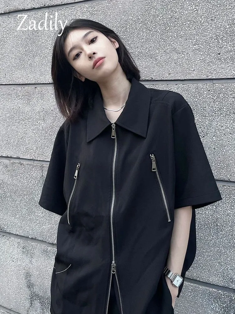 znbbw 2023 Summer Streetwear Short Sleeve Woman Black Shirt Oversize Y2K Zipper Up Woman Tunic Blouse Female Clothing Top - Image 4