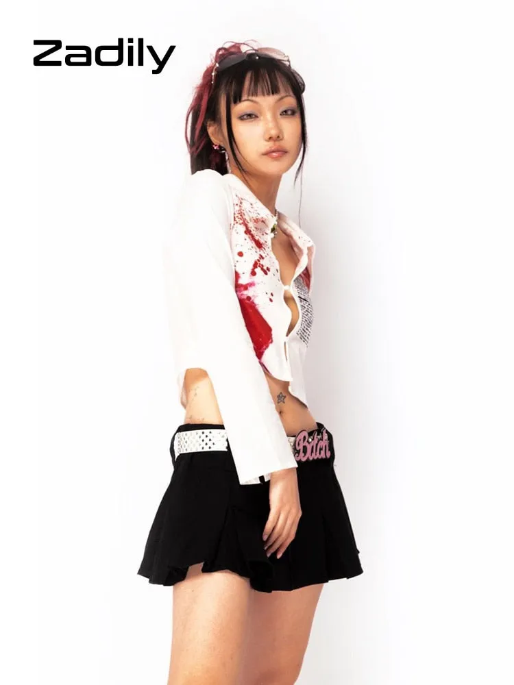 znbbw Y2K Bloodstain Print Long Sleeve Shirt Women Sexy Slim Button Female emo Crop Top Shirts 2023 Summer Club Blouse Tops - Image 3
