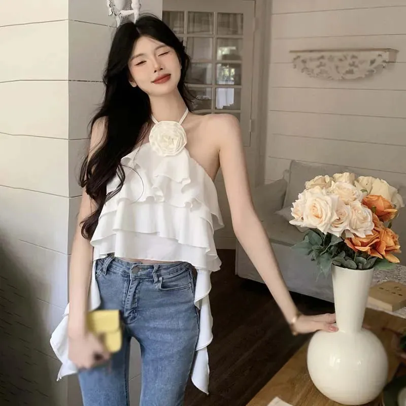 Znbbw Women's Top Women's Vest Ruffle Backless Flowers Versatile Sexy Camisole - Image 5