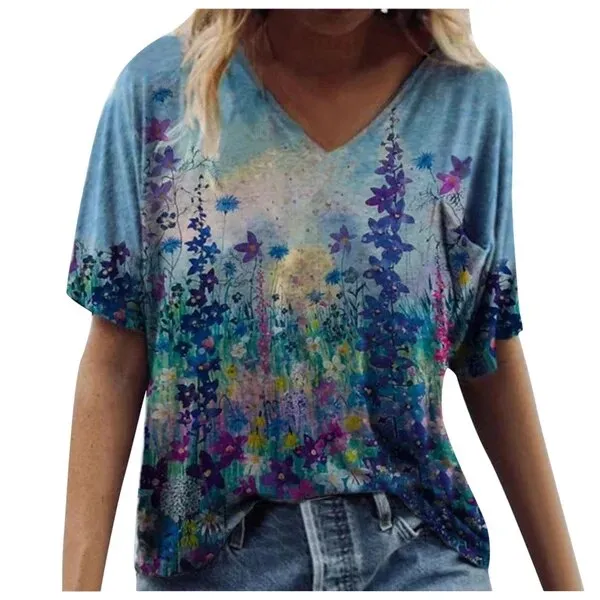 Znbbw 3D Floral Print T-shirts Women Fashion Short Sleeve Loose Tops Casual V-neck High Street Tee Plus Size Top Streetwear - Image 9