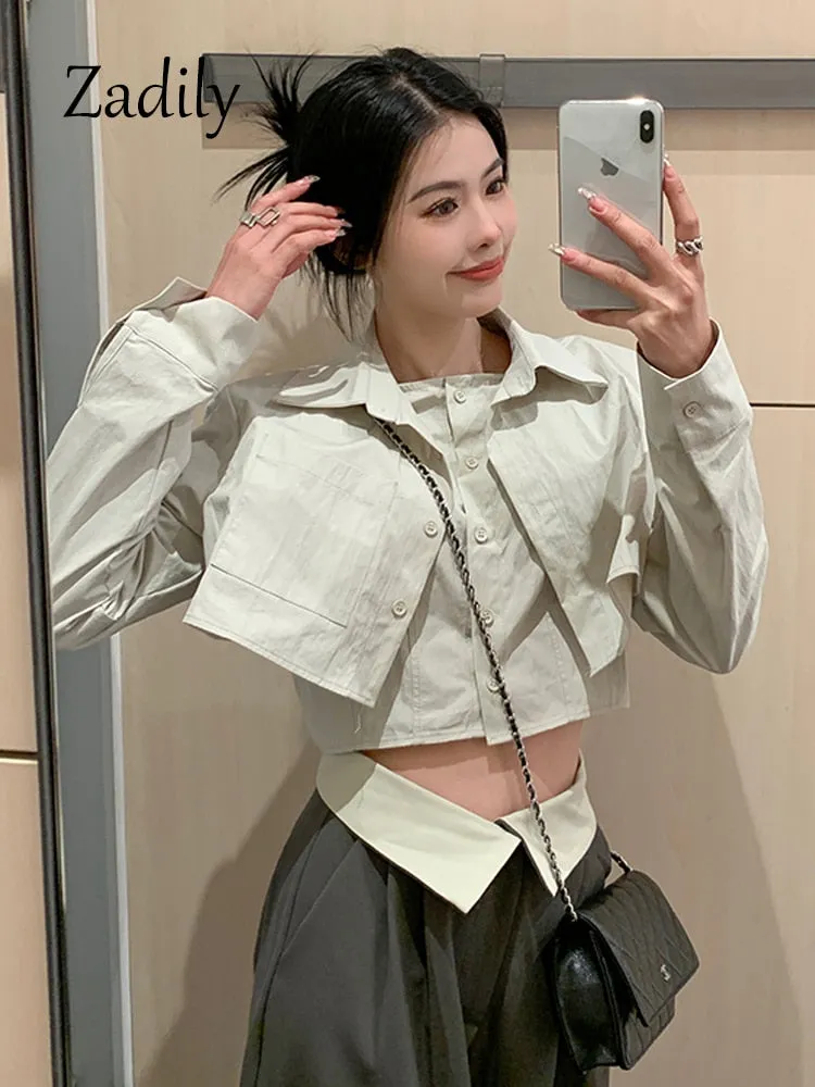 znbbw 2023 Summer Y2K Long Shirt Women Crop Shirt Korea Style Fake two pieces Button Up Woman Blouse Sexy Female Clothing Top - Image 5