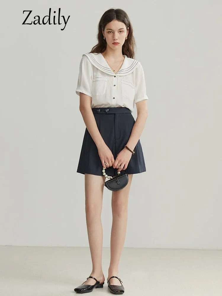 znbbw 2023 Summer French style Short Sleeve White Shirt Women Sailor Collar Solid Button Blouse Work Female Clothing Tops - Image 8