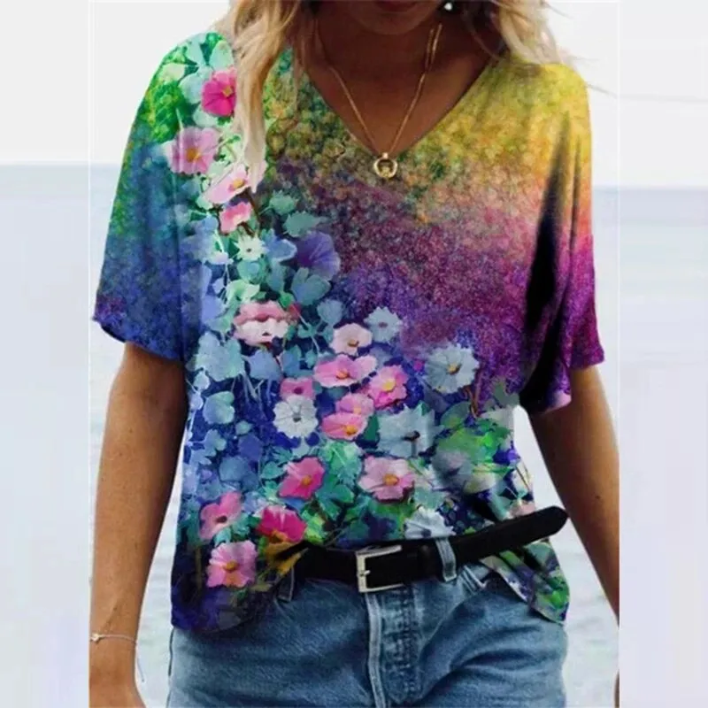 Znbbw 3D Floral Print T-shirts Women Fashion Short Sleeve Loose Tops Casual V-neck High Street Tee Plus Size Top Streetwear - Image 6