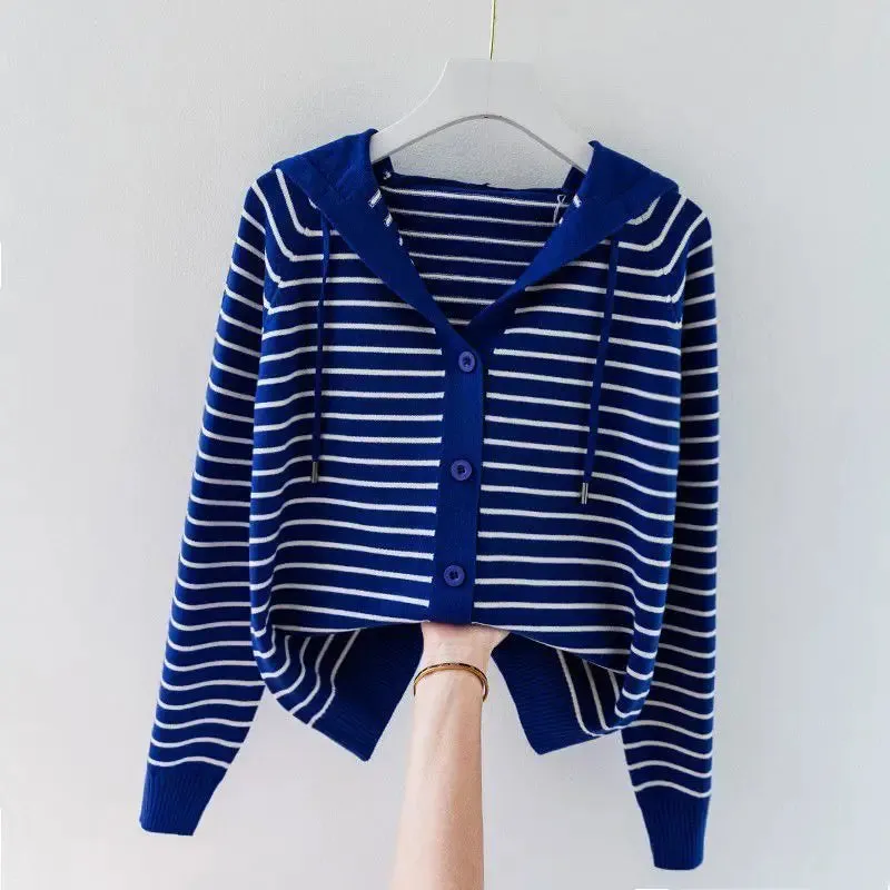 Znbbw Autumn/Winter New Hooded Knit Cardigan Sweatshirt Western Loose Striped Hooded Top - Image 3