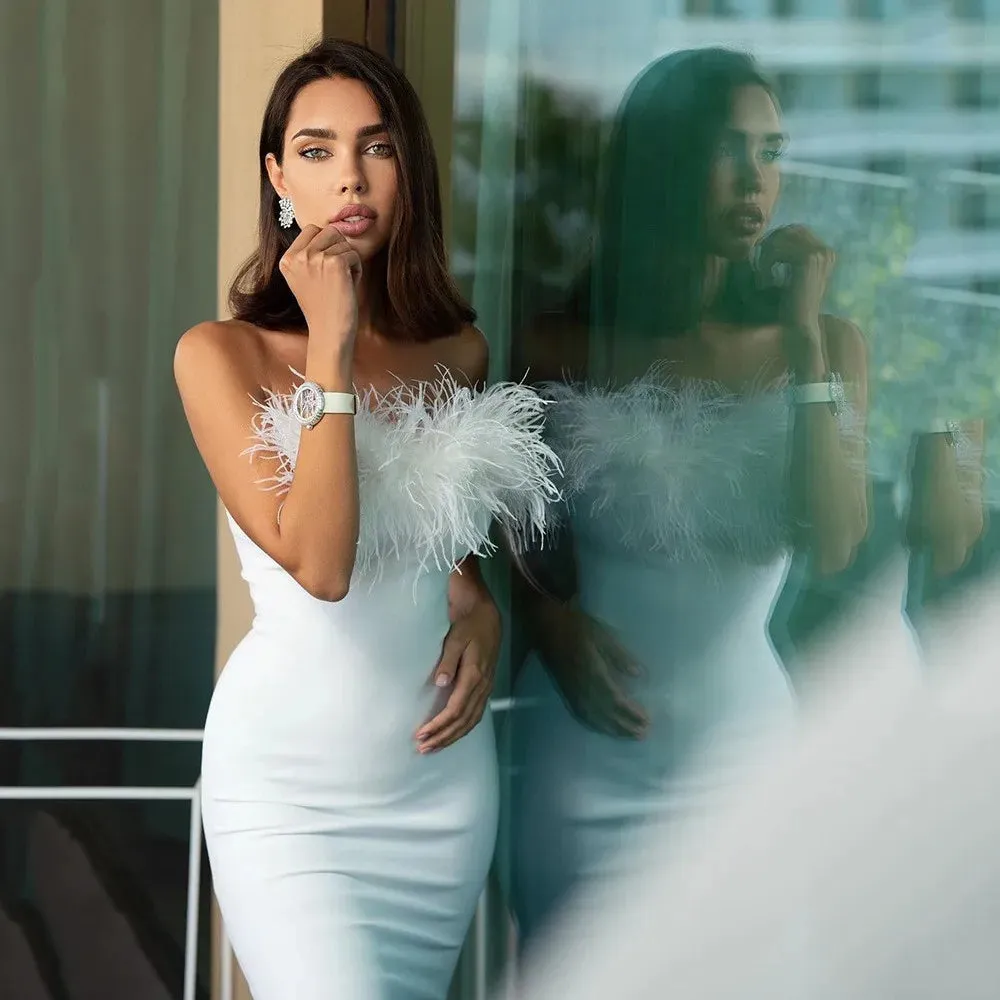 Znbbw Women's Sexy Feather Bodycon Dress Fashion Strapless Backless Black White Midi Dresses Ladies Evening Party Club Prom Dress - Image 3