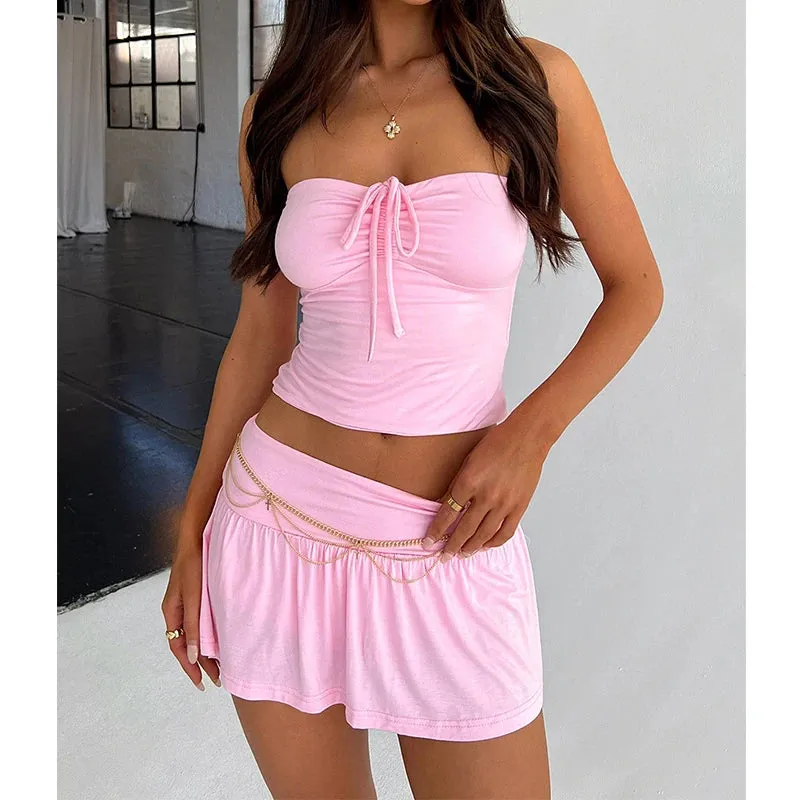 Znbbw Women Summer y2k Solid 2 Piece Outfits Sleeveless Backless Drawstring Crop Tops Bodycon Mini Skirts Party Club Vacation Outfits - Image 8