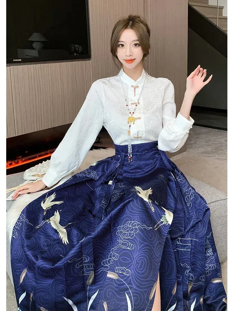 Znbbw Women Spring Autumn New Chinese Style Printing Leisure Time Temperament Hanfu Horse Face Skirt Satin Fabric Long Skirt  D5322 - Image 5