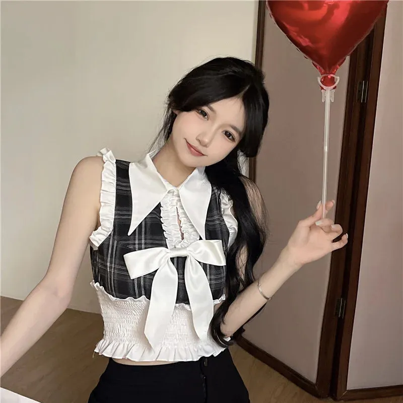 Znbbw Y2k Vest Blouses Bow Decoration Hollow Out Ruffles Plaid Design Crop Tops Summer Slim Waist Chic Women's Clothing Shirts - Image 3