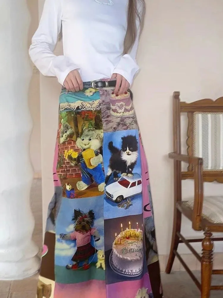 Znbbw Aesthetics Skirts for Women Cartoon Print High Waist Long Skirt Spring Summer Fashion Cute All Match Vintage Clothing - Image 2
