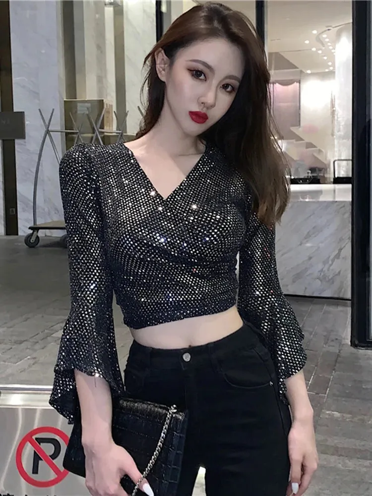 Znbbw Women Spring Summer Sexy V-neck Cross Cutout Strap Sequins Slim Fit Flared Sleeve Short T-shirt D0311 - Image 2