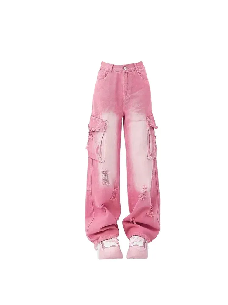 Znbbw Women's Pink Cargo Jeans Vintage 90s Aesthetic Y2k Oversize Denim Trousers Harajuku High Waist Cowboy Pants 2000s Trashy Clothes - Image 4