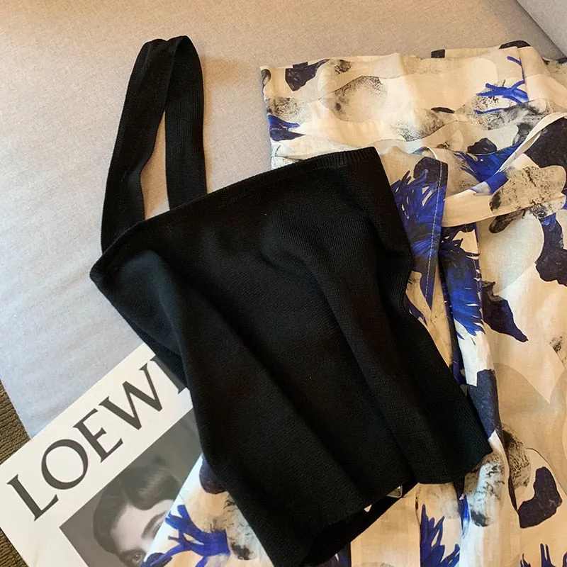 znbbw Women's Two Piece Set Sex Black Cropped Tops Ink Splash Floral Print Shirt Draped Skirt Summer Fashion Casual Dress Sets - Image 4