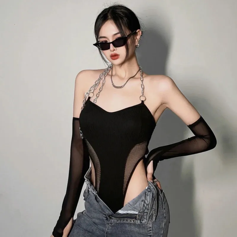 Znbbw Women's Bodysuit American Retro Chain Gauze Splicing Slim Sexy Long Sleeves Basic Jumpsuit Top