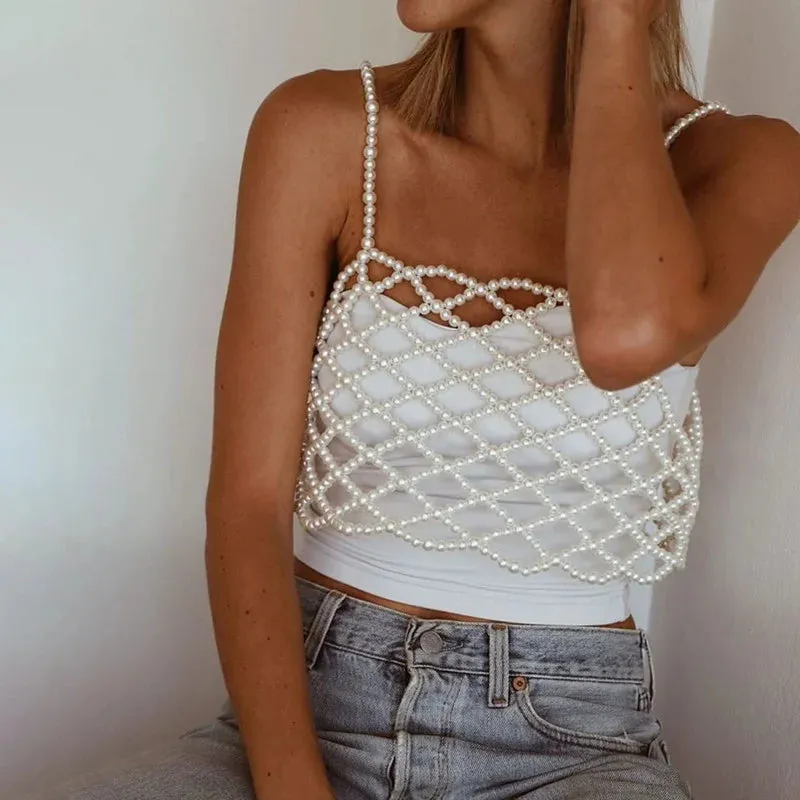 Znbbw Women Pearl Crop Top Fishnet Hollow Out Camisole Beach Holiday Cover-ups Chic Women Sleeveless Summer Matching Vest Korean - Image 2