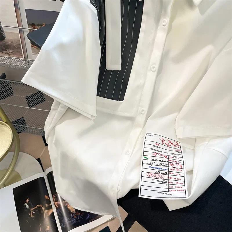 Znbbw Women Turn-down Collar Shirt Button Patchwork Asymmetrical Short Sleeve Blouse Fashion Streetwear Shirts Summer Thin Top - Image 3