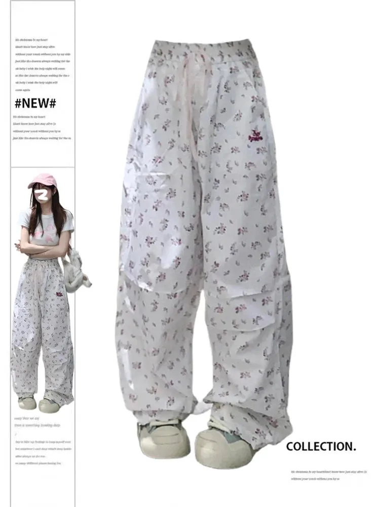Znbbw Women's White Graphic Print Pants Y2k 2000s High Waist Baggy Trousers Harajuku Wide Leg Parachute Pants Jogger Aesthetic Clothes
