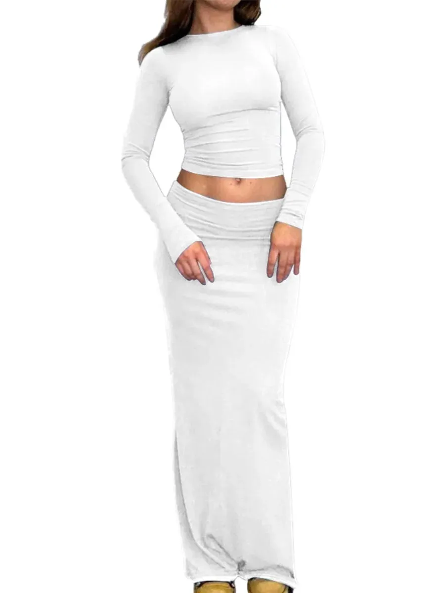Znbbw 2 Piece Sets for Women Autumn Solid Slim Long Sleeve O-neck Crop Tops+High Waist Bodycon Long Skirts Casual Outfits Clothes - Image 4