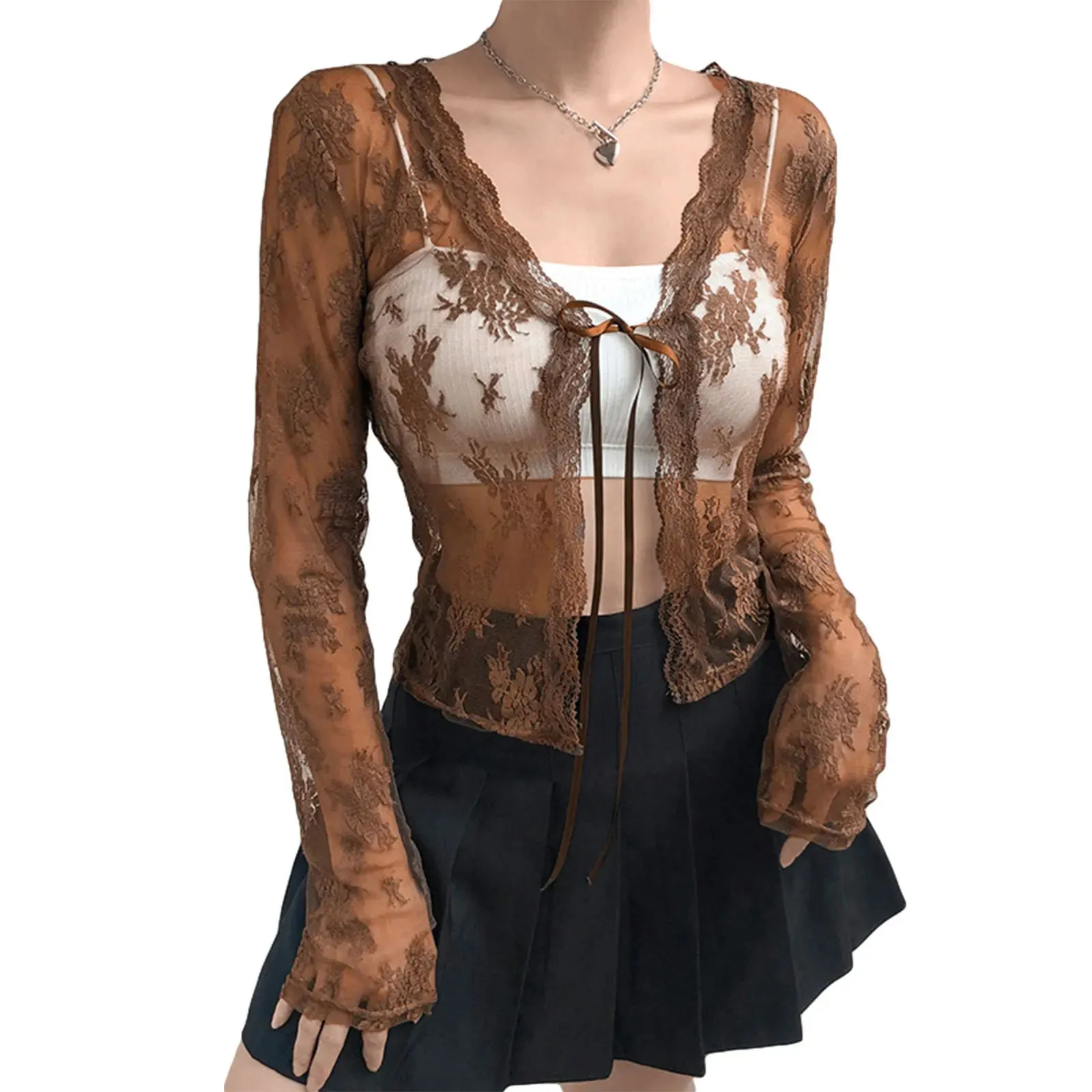 Znbbw Women's Sexy Sheer Shrug, Casual Long Sleeve Tie Up Floral Lace Cropped Cardigan - Image 5