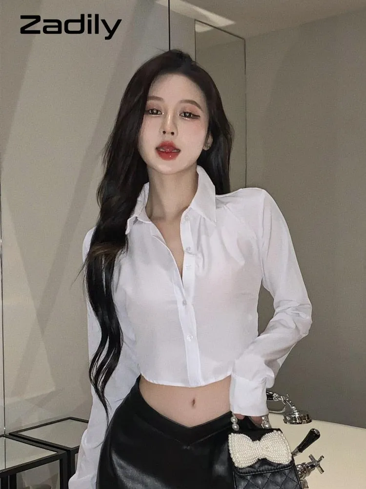 znbbw 2023 Spring Sexy Long Sleeve Women White Short Shirt Korea Style Backless Button Up Ladies Crop Top Club Female Clothing - Image 5