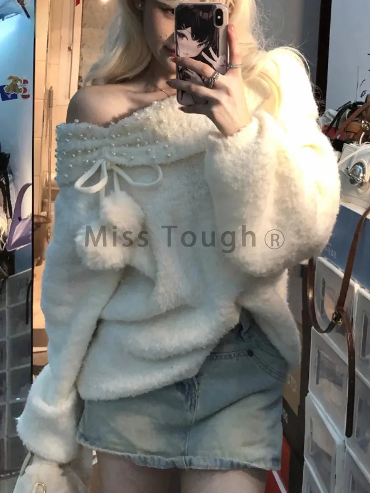 Znbbw Y2k Sexy Knitted Sweaters Women Off Shoulder Pearl Plush Ball Sweet Pullovers Famele Long Sleeves Casual Tops 2024 New - Image 2