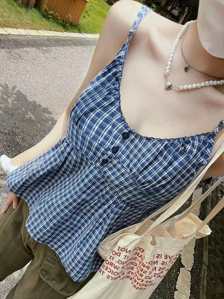 Znbbw Women Vintage Plaid Button Camis Top Cute Preppy Style Sleeveless Lace-up Cotton Tank Tops Female Casual Sweet Summer Vests 2024 - Image 3