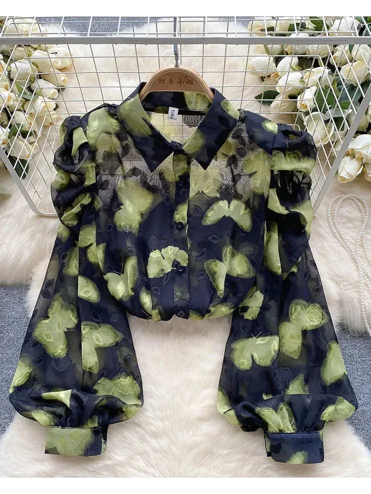 Znbbw Women Spring Autumn Shirt Retro Romantic Atmosphere Printed Shirt with Bubble Sleeves Design High Grade Small Style Top D5496 - Image 2