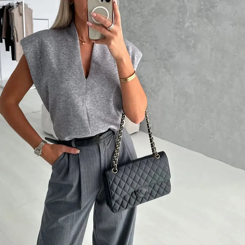 Znbbw 2 Piece Set Autumn Women Office Solid V Neck Sleeveless Vest Top Casual Loose Wide Legs With Pockets Pants Set Streetwear - Image 2