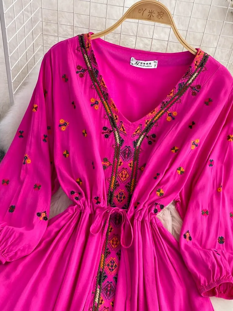 Znbbw retro ethnic style temperament embroidered puff sleeves V-neck waist a-line dress holiday big swing Vestidos Women D1577 - Image 3