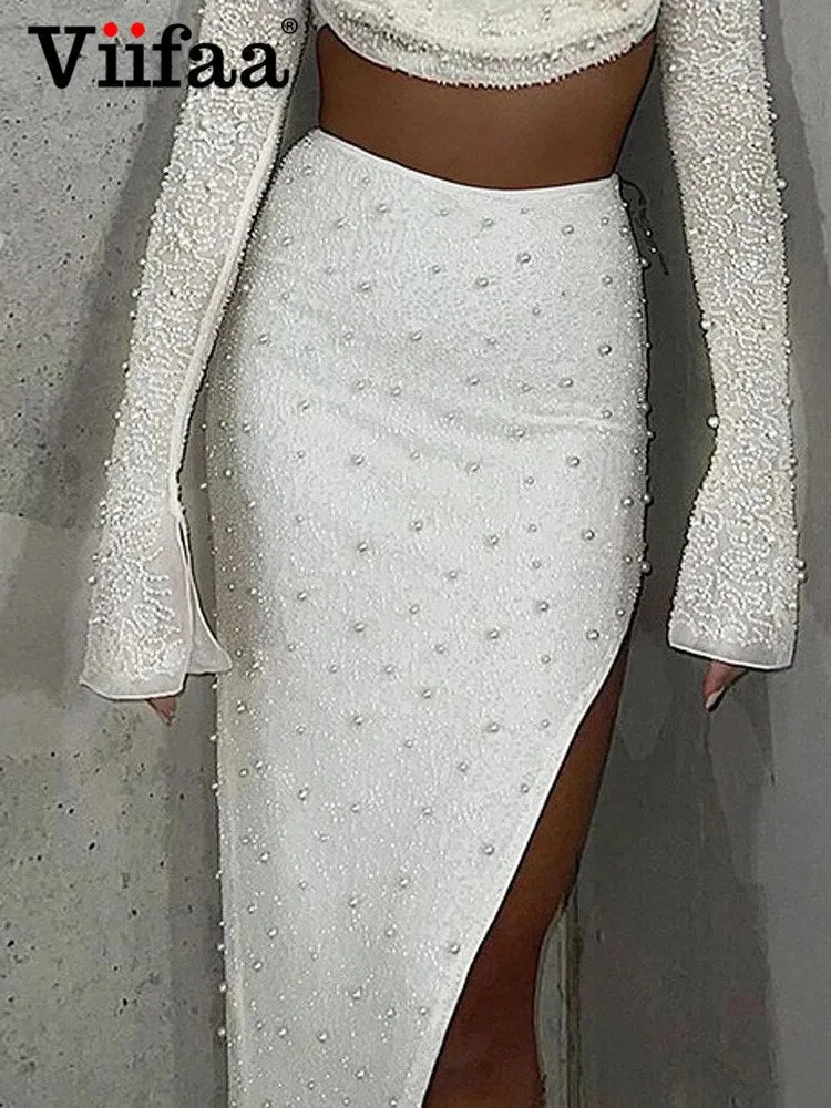 Znbbw Pink Beaded Y2K Midi Skirts for Women High Waist Bodycon Birthday Night Party Split Sexy Long Skirt - Image 2