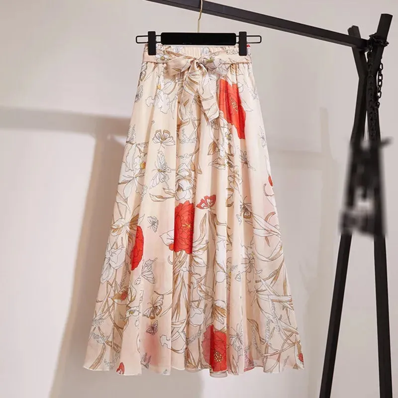 Znbbw Women Long Skirt Summer Beach Sunny Skirts Floral Bow Chiffon High Waist Skirt - Image 5