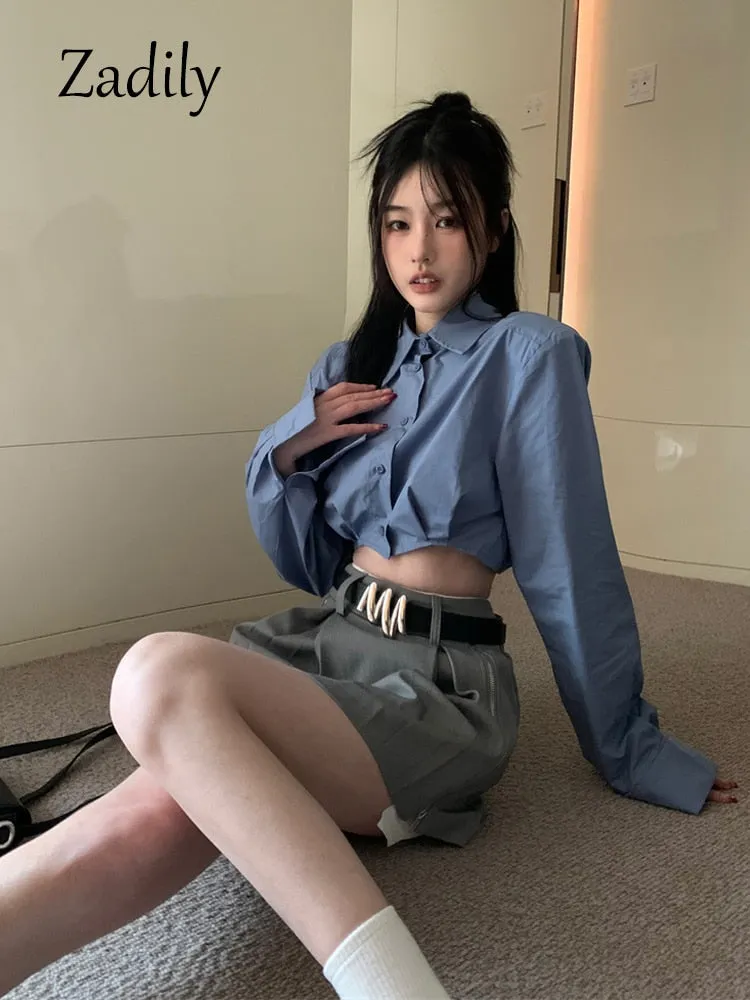 znbbw 2023 Summer Y2K Long Shirt Women White Crop Shirt Korea Style Sexy Button Up Asymmetrical Woman Blouse Female Clothing - Image 6