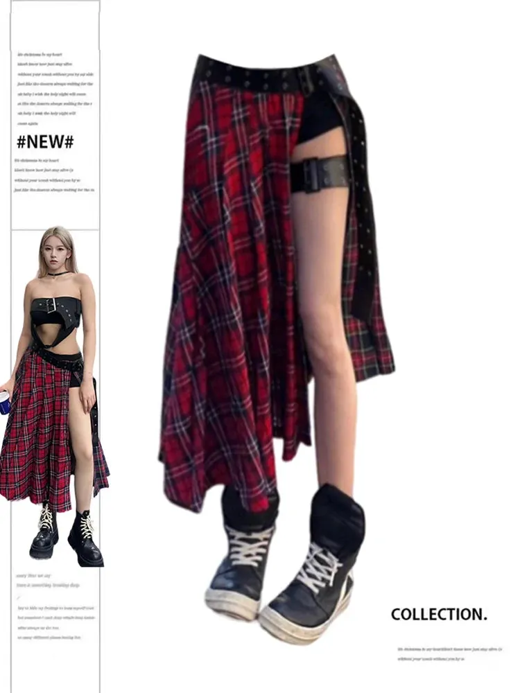Znbbw Women's Red Plaid A-Line Skirts Y2k Harajuku Korean Long Skirts Vintage Streetwear Aesthetic Skirt 2000s Oversize Clothes Summer
