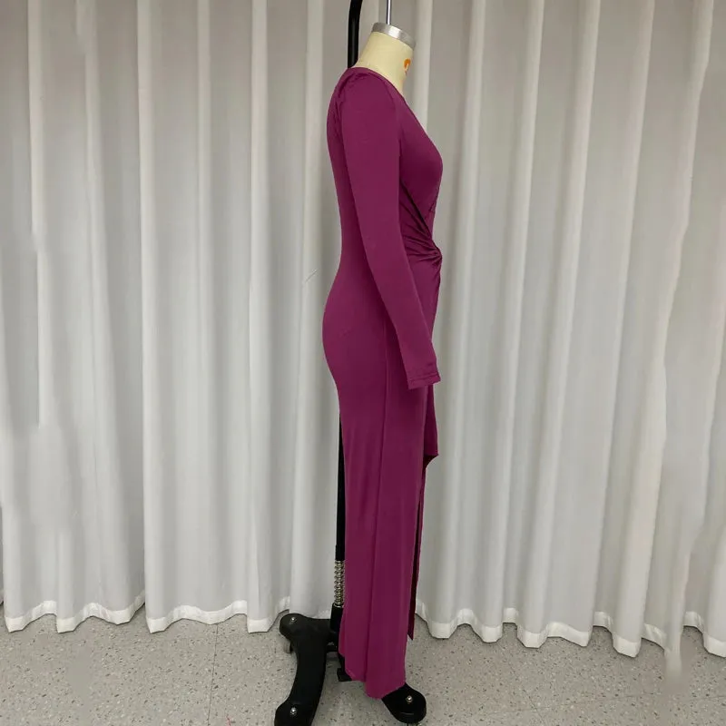 Znbbw Women Maxi Dress Summer Fashion Solid V Neck Slit Long Sleeve Pleated Nipped Waist Slim Sexy Evening Party Long Dresses - Image 6