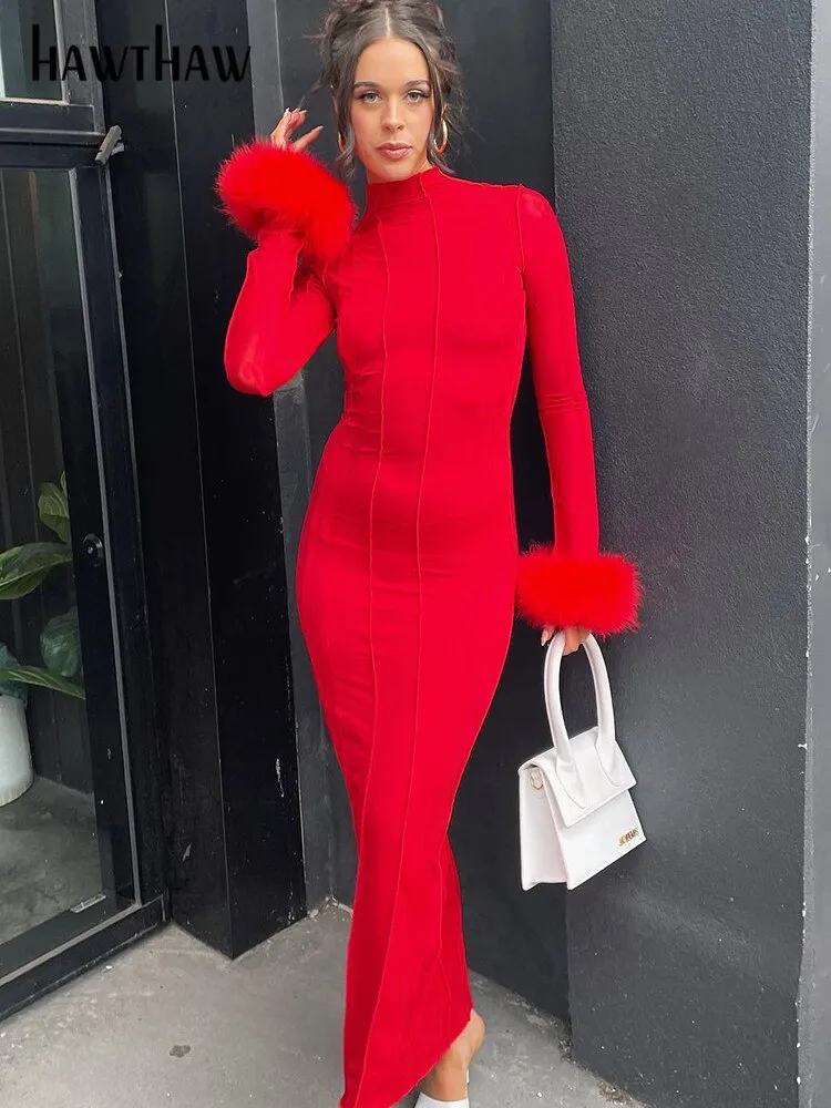Znbbw Women Long Sleeve Fur Patchwork Bodycon Streetwear Red Long Dress 2023 Autumn Clothes Wholesale Items For Business - Image 2