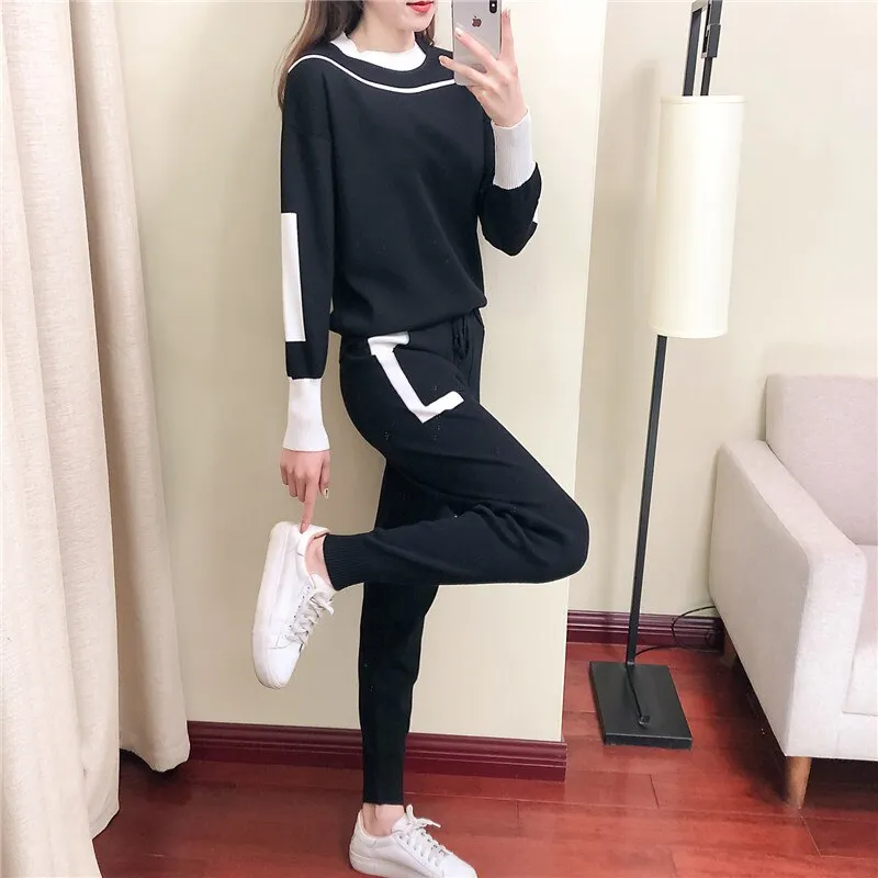 znbbw Autumn Winter 2 Pieces Set Knitted Long Sleeve Pullovers Sweater Casual Patchwork Fashion Women Tops And Pants Suits Spring - Image 6