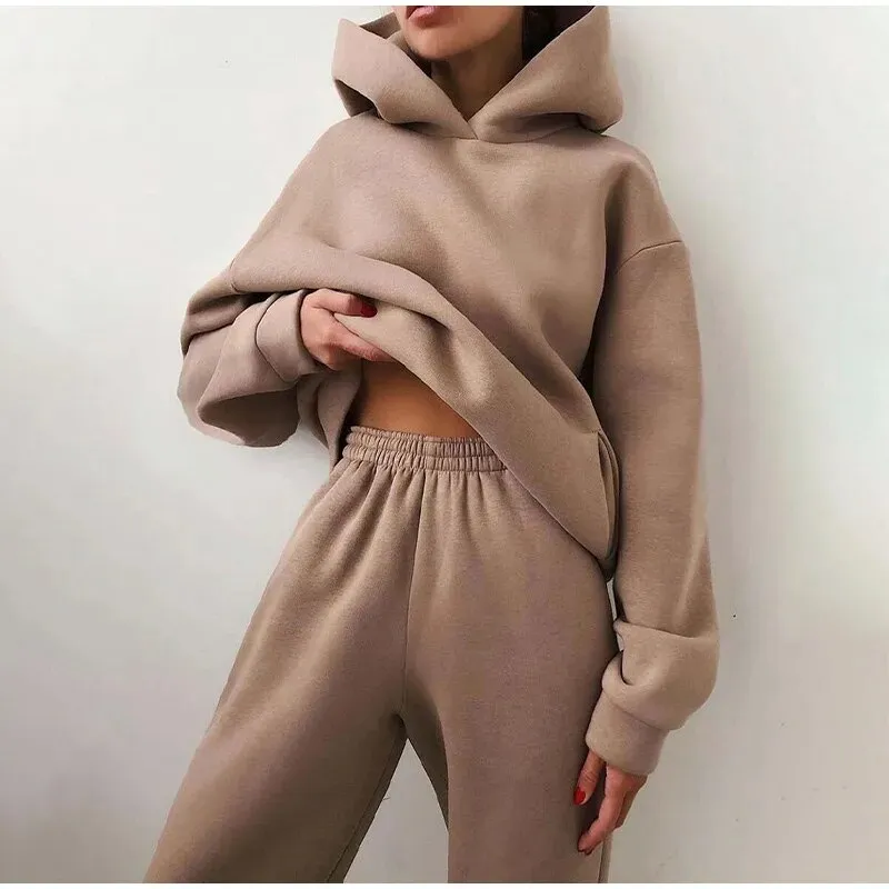 Znbbw Women's Tracksuit Casual Solid Long Sleeve Hooded Sport Suits Autumn Warm Hoodie Sweatshirts and Long Pant Fleece Two Piece Sets - Image 2
