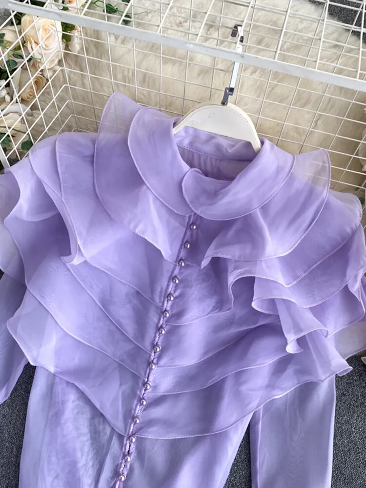 Znbbw Women's Spring Autumn Shirt Sexy Multi-layered Ruffles Blouse O-Neck Buttons Slim Fit Flare Sleeve Top Female Blusa GX1053 - Image 3