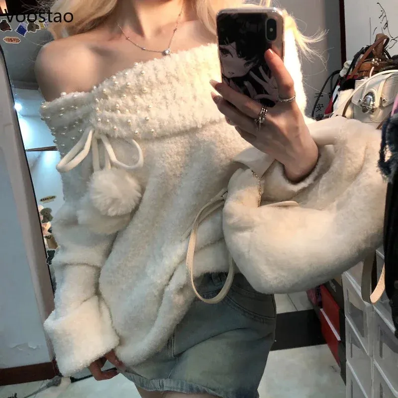 Znbbw Y2k Sexy Knitted Sweaters Women Off Shoulder Pearl Plush Ball Sweet Pullovers Famele Long Sleeves Casual Tops 2024 New - Image 7
