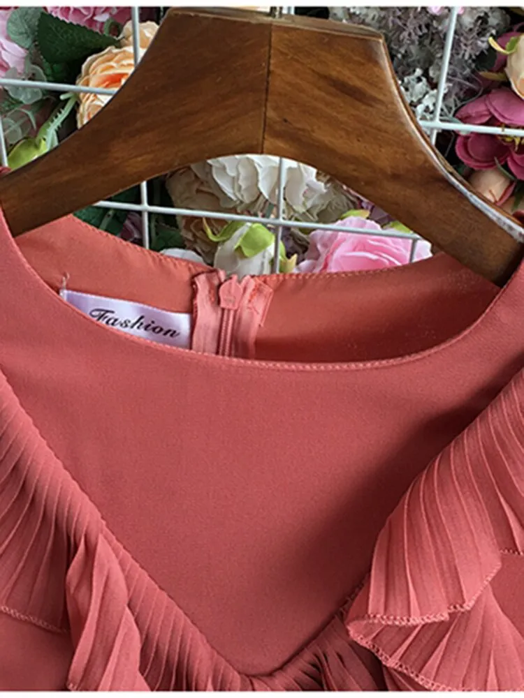 Znbbw Women Spring Autumn Dress Temperament Fold Solid Color Round Neck Sweet A-line Pressed Lace Long Sleeve Dress D2301 - Image 3