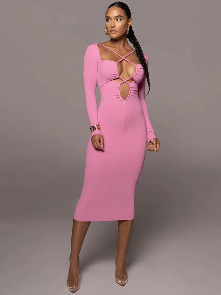 Znbbw Halter Strapless Backless Midi Dress For Women Robe 2023 Autumn Full Sleeve Bodycon Party Long Dress Vestido - Image 3