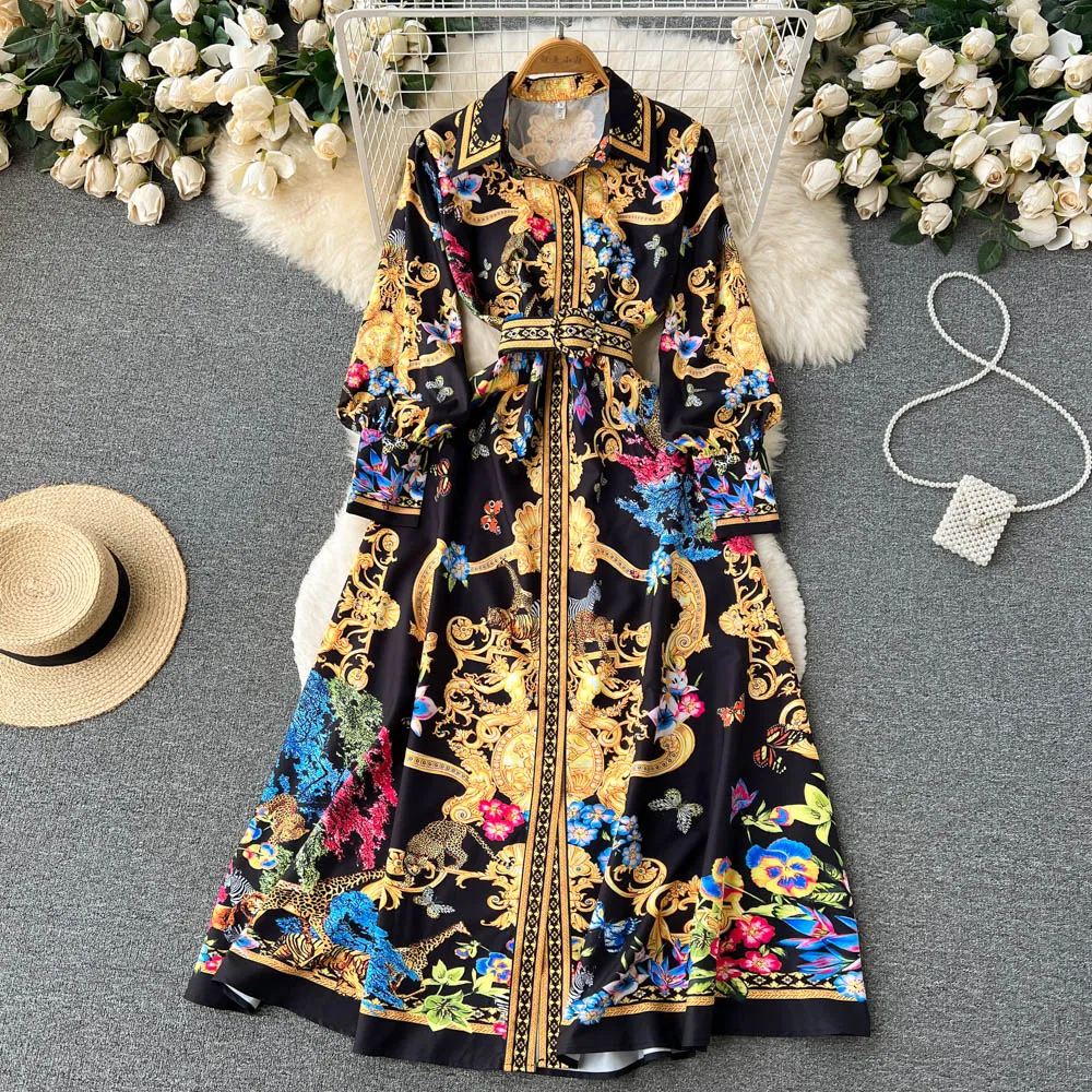 Znbbw Vintage Shirt Dress Women's Lantern Sleeve Single Breasted Belted Baroque Gold Flower Print Office Lady Work Wear Dress - Image 3