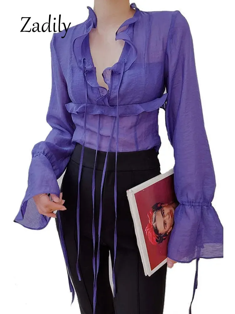 znbbw 2023 Spring Sexy Ruffled Flare Long Sleeve Women Blouse Korea Style Vintage Transparent Short Chiffon Shirt Ladies Tops - Image 4